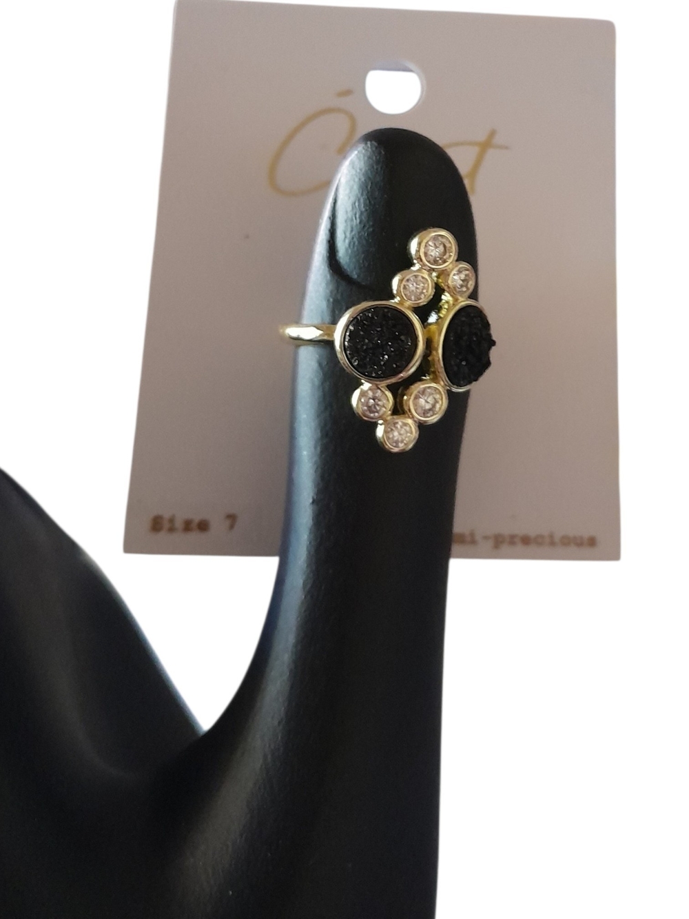 Covet Black Druzy Quartz Gold Cluster Statement Cocktail Ring Raw Mineral Size 7 - Picture 6 of 6